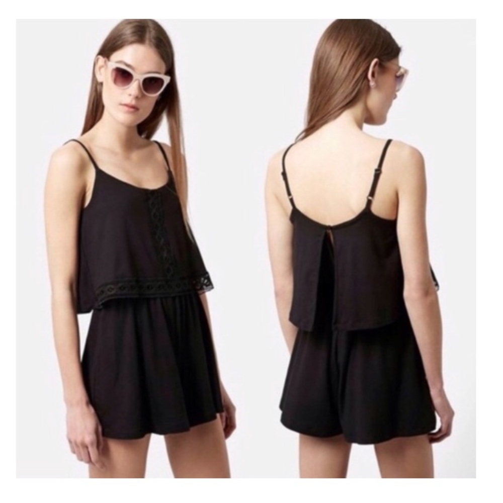 Topshop - Overlay Lace Trim Jersey Romper. Black.